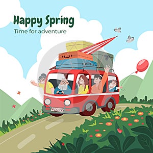 Cute road travel. Car adventure. Family journey. Happy spring. Flowers and vehicle. Van with luggage. Auto summer