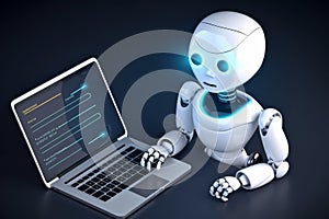 Cute Robot Android working on a laptop on a dark background. Artificial intelligence concept. AI Generative