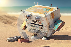 cute robot on the beach, giving sunbather his gift box with a surprise inside