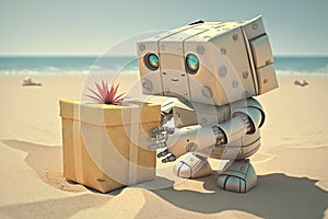 cute robot on the beach, giving sunbather his gift box with a surprise inside photo