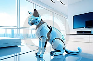 Cute robot cat enjoying the comfort of a modern bright living room, accompanied by stylish furniture
