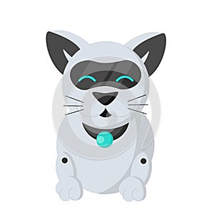 Cute robot cat lies in rest mode and purrs. Technological robot measuring animal habits.