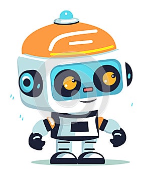 Cute robot character standing with happy face expression. Orange and blue robot with big eyes and friendly design vector