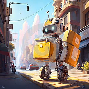 Cute robot courier is delivering an order. Yellow robot from service of delivery and transportation of small parcels, packages.