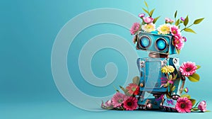 A cute robot decorated with flowers, offering copy space for text, Ai Generated