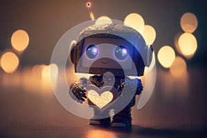 Cute robot with a glowing heart as a valentine`s day concept, Generative AI