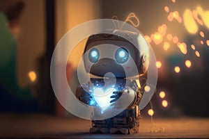 Cute robot with a glowing heart as a valentine`s day concept, Generative AI