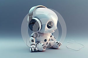 Cute robot with headphones. Robotics development, artificial technology and future tech concept. Generative ai