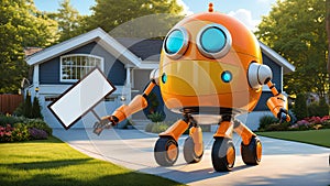 cute robot helps man, he sells a house standing with a sign in his hands in the sun while man does his business. AI generated