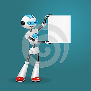 Cute robot holding blank sheet of paper for text on blue background