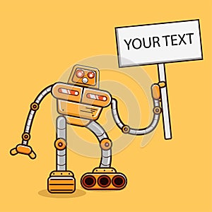 Cute robot holding a sign or holding a board sign mascot vector cartoon illustration