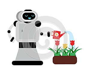 Cute robot home assistant watering flowers. Vector illustration.