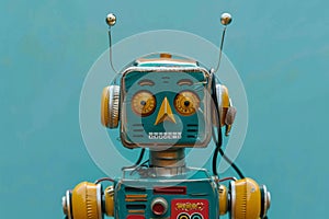 Cute robot with music headphones poster, copy space - generative artificial intelligence