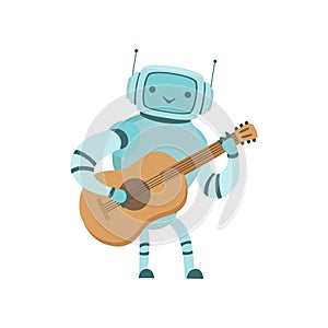 Cute Robot Musician Playing Guitar Musical Instrument Vector Illustration