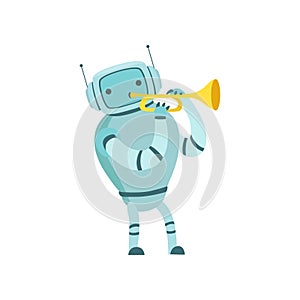 Cute Robot Musician Playing Trumpet Musical Instrument Vector Illustration