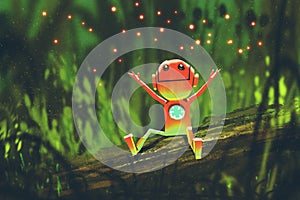 Cute robot playing with fireflies in forest at night