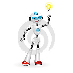 Cute robot pointing at good idea light bulb. Aha moment concept. Isolated on white background