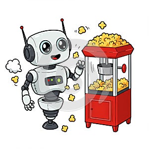 Cute Robot with Popcorn Machine Cartoon Illustration