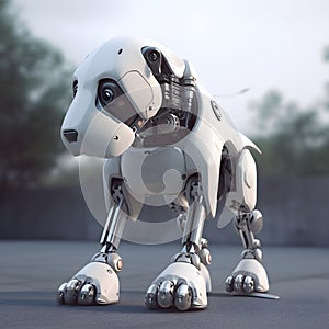 Cute robot puppy machine character. Electronic interactive toy, robot dog isolated in the street. High technology concept, pet of