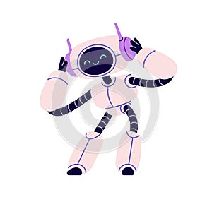 Cute robot, retro AI machine in headphones. Funny bot character listening to music, dancing. Positive happy robotic