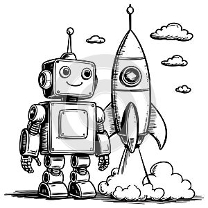 Cute Robot Beside Rocket Launch