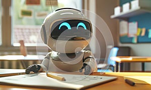 Cute robot sitting at table in school classroom. Education concept. Artificial intelligence concept. Teacher day.