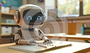 Cute robot sitting at table in school classroom. Education concept. Artificial intelligence concept. Teacher day.