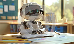 Cute robot sitting at table in school classroom. Education concept. Artificial intelligence concept. Teacher day.