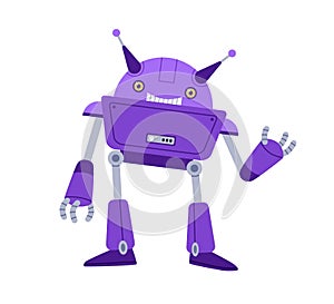 Cute robot toy. Funny childish bot with smiling face, saying and gesturing hi. Portrait of friendly humanoid machine for