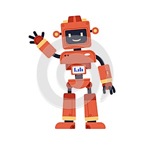Cute robot toy in retro style. Funny kids bot with happy smiling face and screen. Adorable cyborg gesturing hi. Humanoid