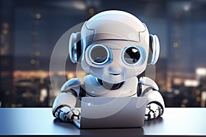 Cute Robot working on a laptop. 3d render. Technology concept.