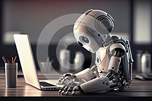 Cute Robot working with laptop. AI Robot concept. Generative AI