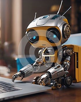 Cute robot working with laptop technology concept
