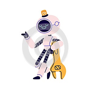 Cute robot with wrench in retro futuristic style. Android serviceman with spanner, fixing tool. Robotic mechanic