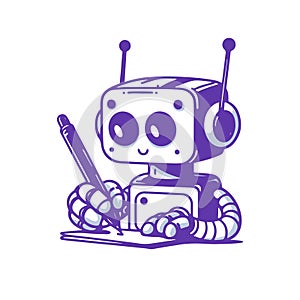 Cute Robot Writing with Pen on Paper. Vector Monochrome Illustration on White Background