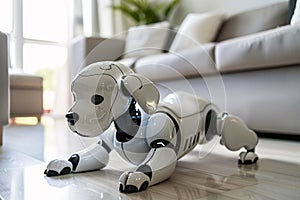 Cute robotic android dog on livingr oom floor