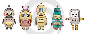 Cute Robots characters. Chatbots, AI bots mascots, digital cyborgs, futuristic technology service. Comic elements in