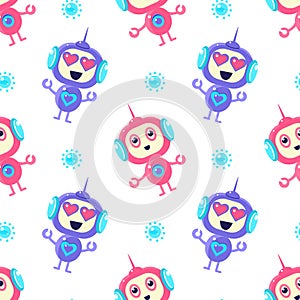 Cute Robots Seamless Pattern, Friendly Alien or Robot Design Element Can Be Used for Fabric, Wallpaper, Packaging Vector