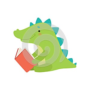 Cute rocodile Reading Book, Adorable Smart Animal Character Sitting with Book Vector Illustration