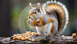 Cute rodent eating acorn, fluffy tail, curious eyes, playful nature generated by AI