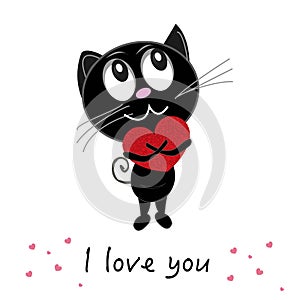 Cute romantic black cat holding red shining heart. ``I love you`` text. Happy Valentine`s day greeting card