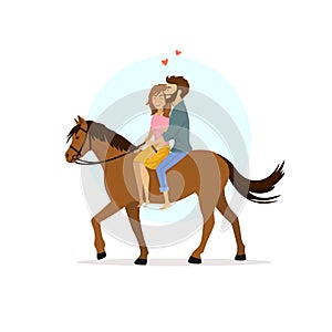 Cute romantic cartoon couple in love horseback riding