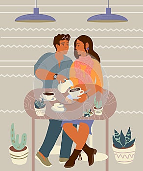 Young couple dialog or conversation at cafe on date flat cartoon vector illustration