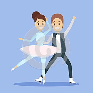 Cute romantic couple skate together. Winter activity