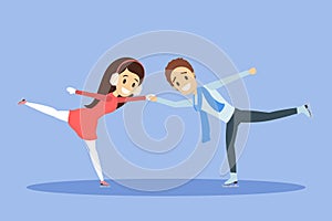 Cute romantic couple skate together. Winter activity