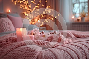 Cute romantic decor in soft pink on a bed with a crocheted plaid. Candles and lights in the interior for a romantic couple