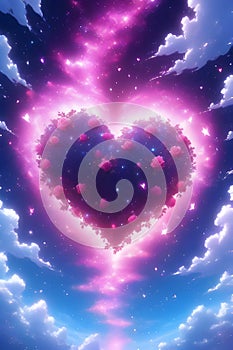 A cute romantic heart of rose in the blue sky, flower, clouds, love athmosphere, digital anime art