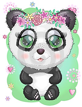 Cute romantic panda with wreath of flowers