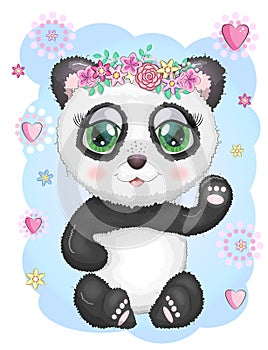 Cute romantic panda with wreath of flowers