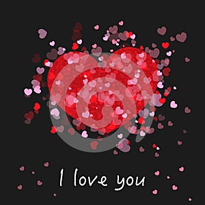 Cute romantic red and pink shining many hearts. ``I love you`` text. Happy Valentine`s day greeting card with black background